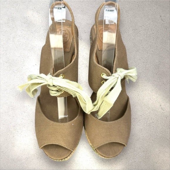 Tory Burch Espadrille Linley Wedge Sandals Brown Canvas with Green/Tan Jute 8M - Picture 6 of 16